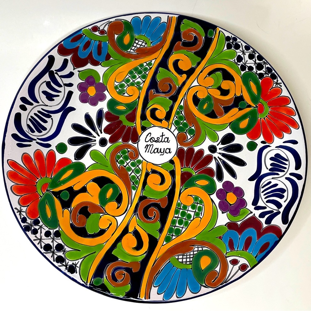Mexican Handmade Floral Pottery Serving Dish Platter 11” Costa Maya